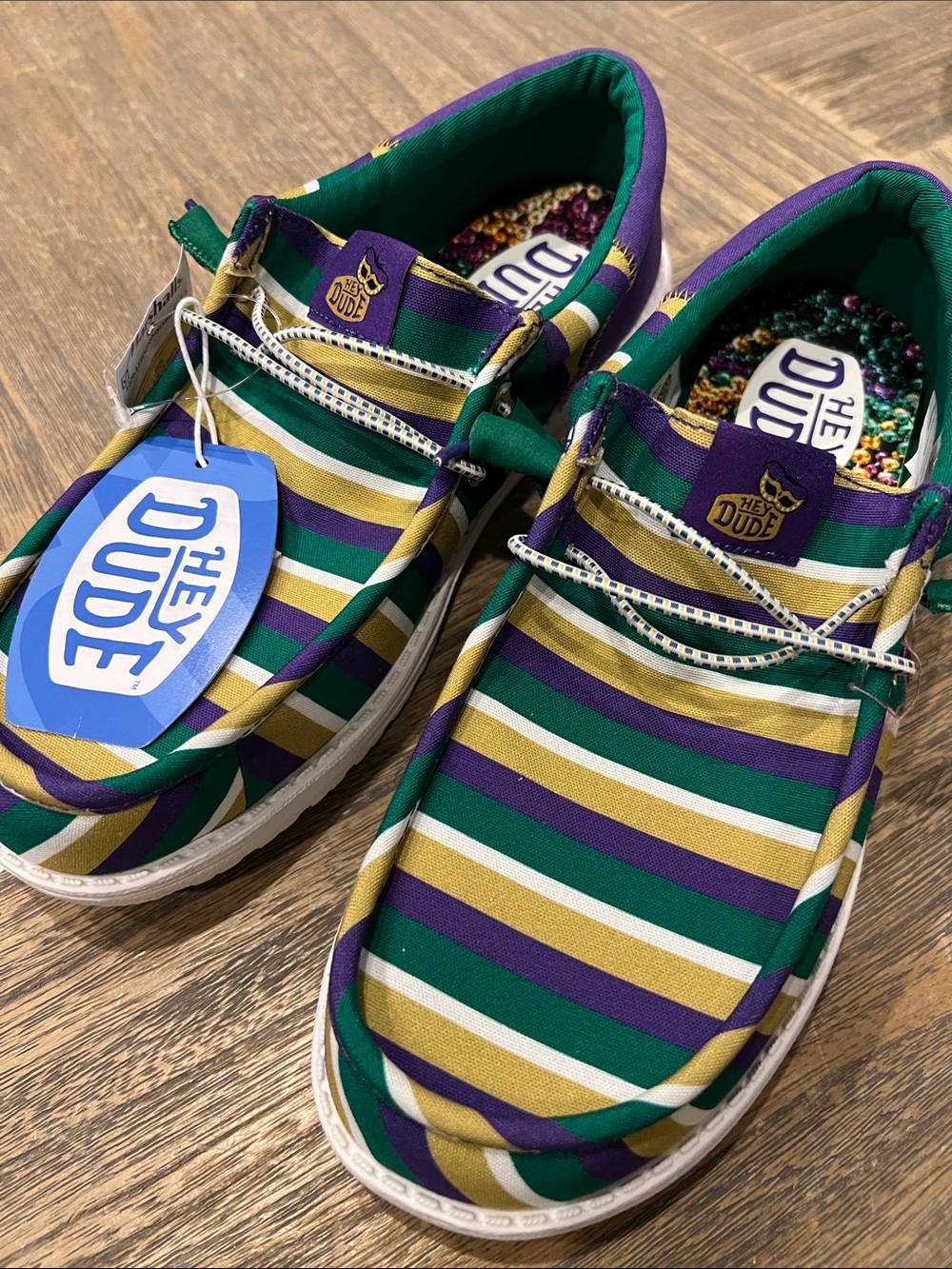 NWT Hey Dude Mens Striped Slip-On Sneakers in Green, Purple & Gold Multiple avai